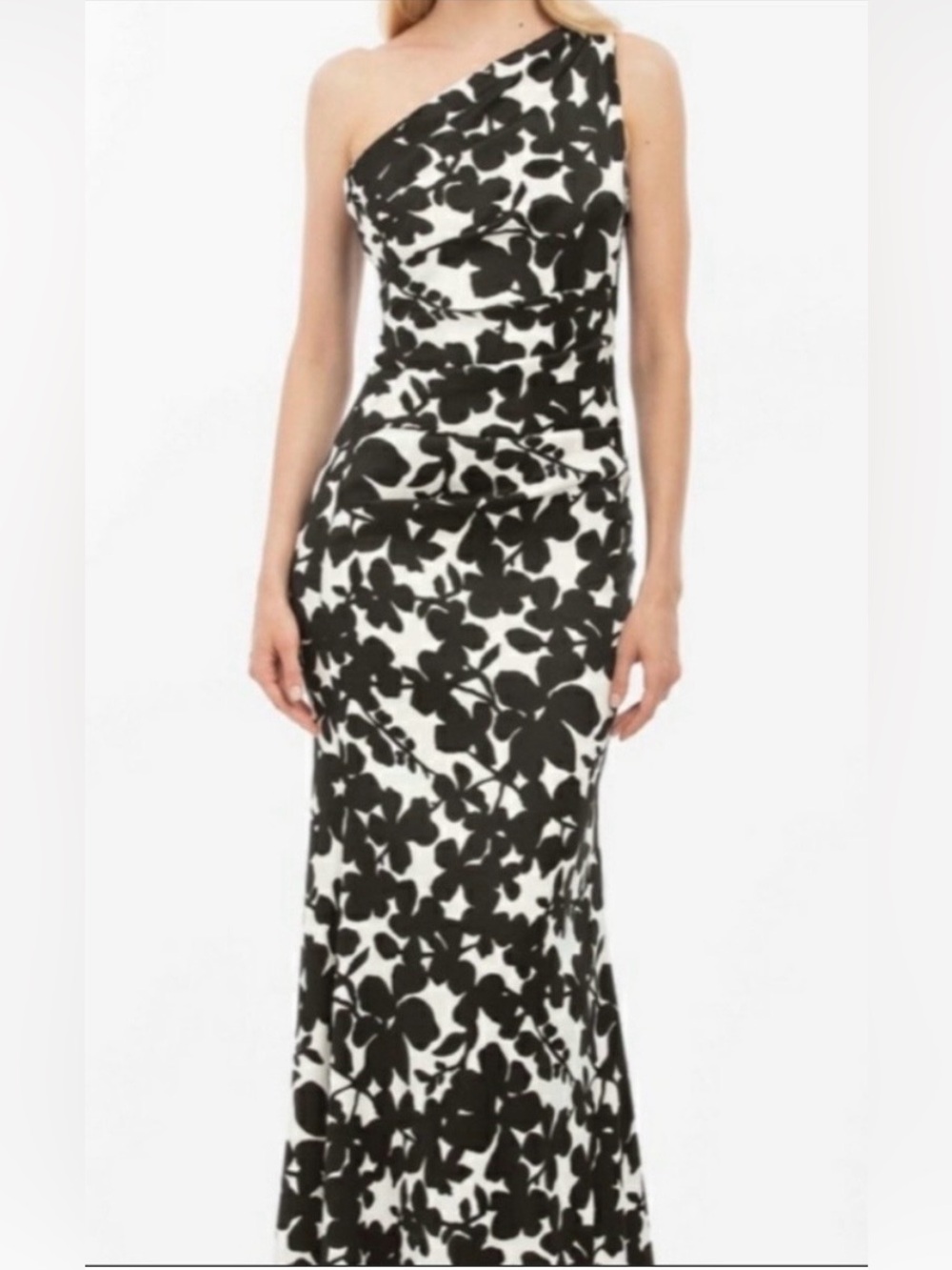 Nicole Miller One-Shoulder Black & White Floral Maxi Gown - Size 8